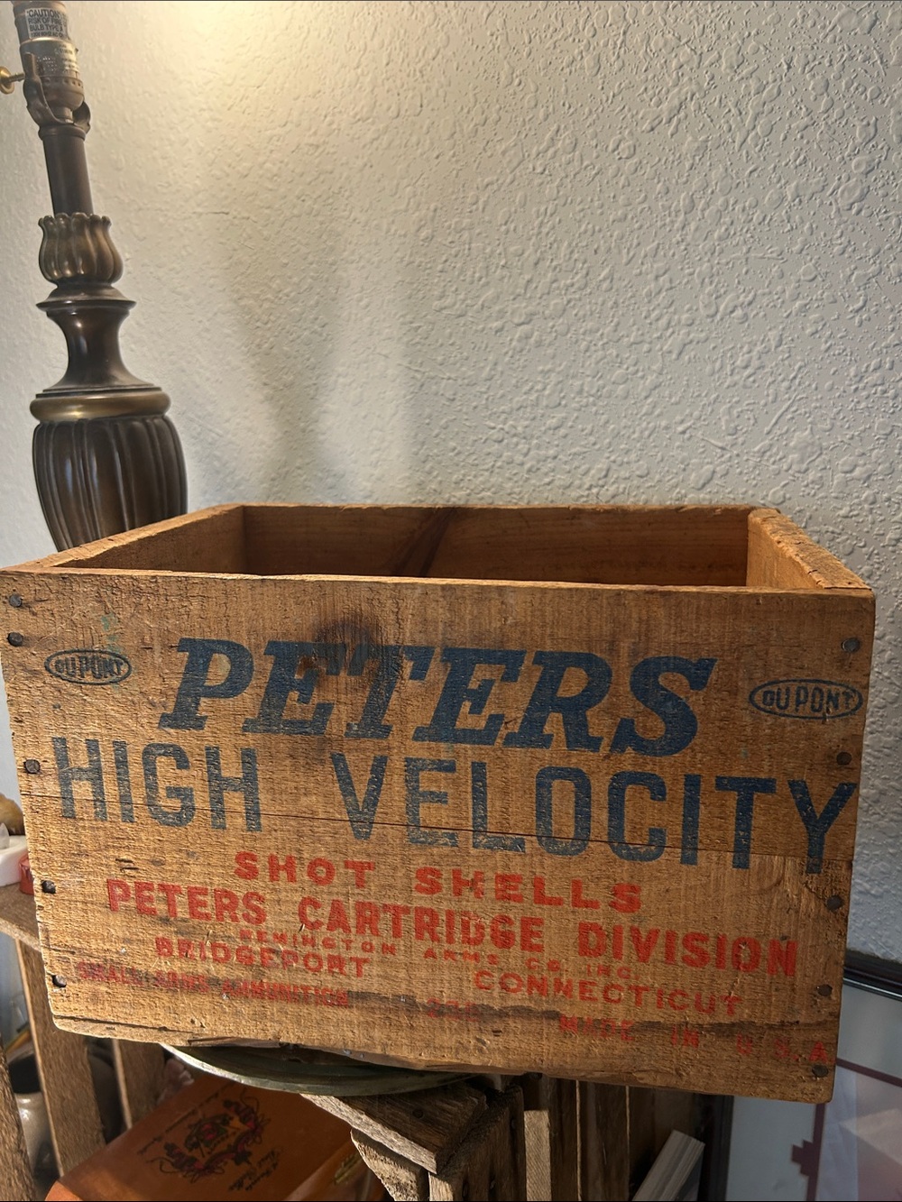 Vintage Peters High Velocity Wooden Crate - Brown blue & red writing industrial